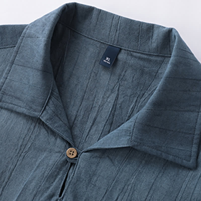 Buddha Stones 夏物カジュアルウォッシュ加工無地メンズ半袖シャツ（ポケット付き） - image 1