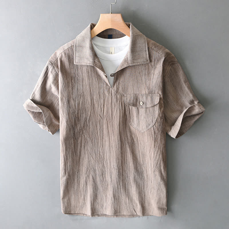 Buddha Stones 夏物カジュアルウォッシュ加工無地メンズ半袖シャツ（ポケット付き） - タン - US/UK/AU44、 EU54 (4XL) - image 9