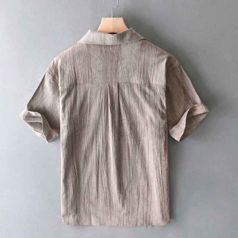 Buddha Stones 夏物カジュアルウォッシュ加工無地メンズ半袖シャツ（ポケット付き） - image 10