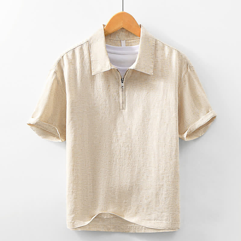 Buddha Stones 夏向けカジュアルミニマリストクォータージップ無地メンズ半袖シャツ - 小麦 - US/UK/AU42、 EU52 (3XL) - image 0