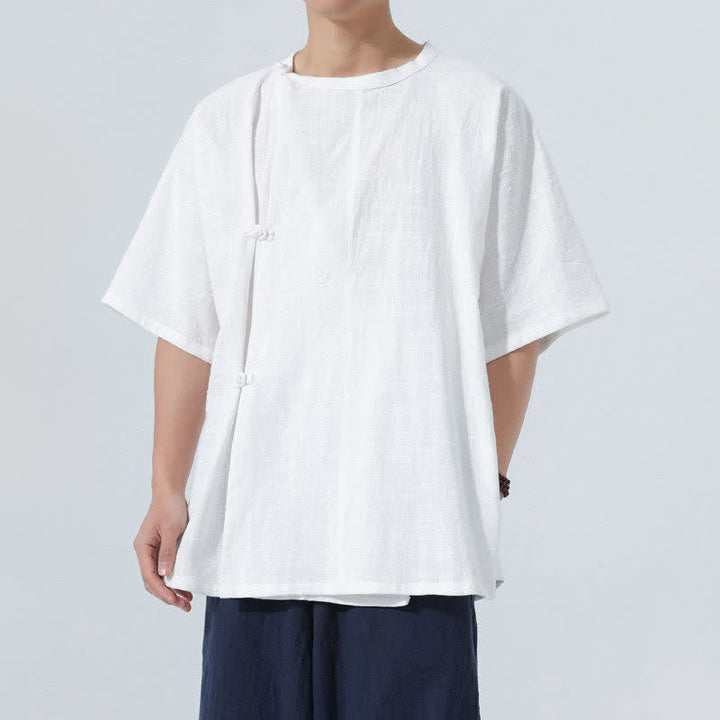 Buddha Stones サマータンスタイル ミニマリスト カエルボタン 無地 コットン メンズ 半袖シャツ - 白 - US/UK/AU46、 EU56 (5XL) - image 17