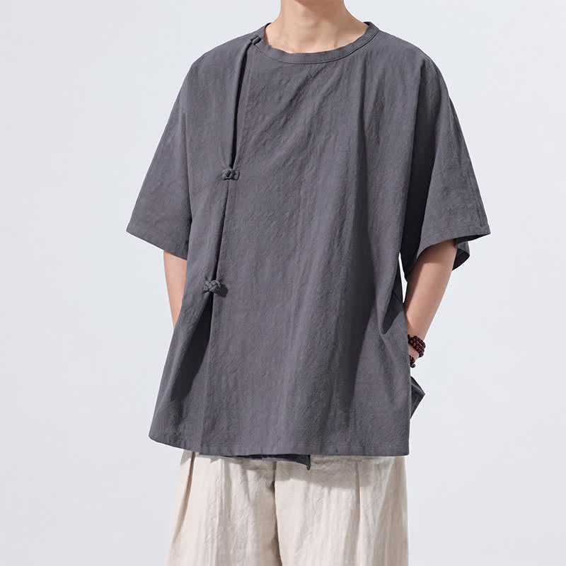 Buddha Stones サマータンスタイル ミニマリスト カエルボタン 無地 コットン メンズ 半袖シャツ - image 5