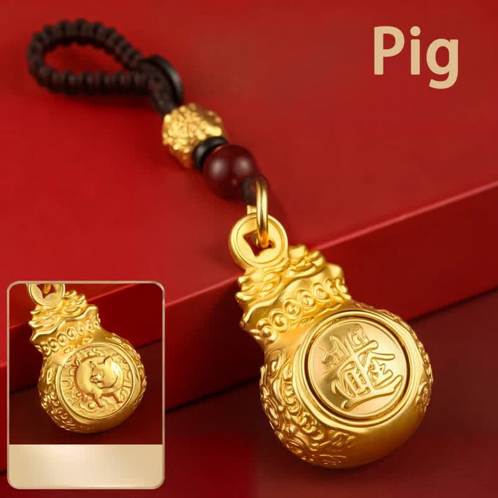 Buddha Stones 「毎日幸運繁栄になろう」金色の銅製干支モチーフの幸運繁栄のお金袋コインキーホルダー - 豚 - image 28