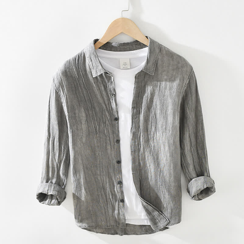 Buddha Stones 春のカジュアルスタイル　無地リネン素材　メンズ長袖ボタンアップシャツ - グレー - US/UK/AU42、 EU52 (3XL) - image 0