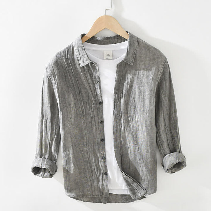 Buddha Stones 春のカジュアルスタイル　無地リネン素材　メンズ長袖ボタンアップシャツ - グレー - US/UK/AU42、 EU52 (3XL) - image 0
