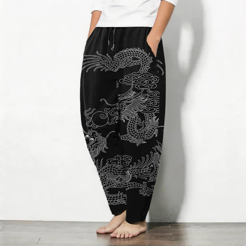 Buddha Stones 純綿製、皇帝龍柄、ドローストリング付き、ポケット付きメンズテーパードパンツ - image 1