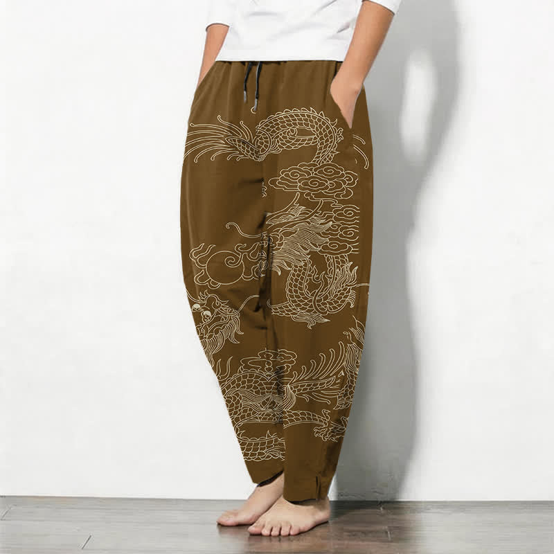 Buddha Stones 純綿製、皇帝龍柄、ドローストリング付き、ポケット付きメンズテーパードパンツ - image 12