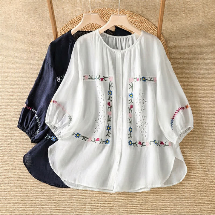 Buddha Stones 春夏向けボヘミアン風刺繍入り花柄レディース半袖シャツ - image 9