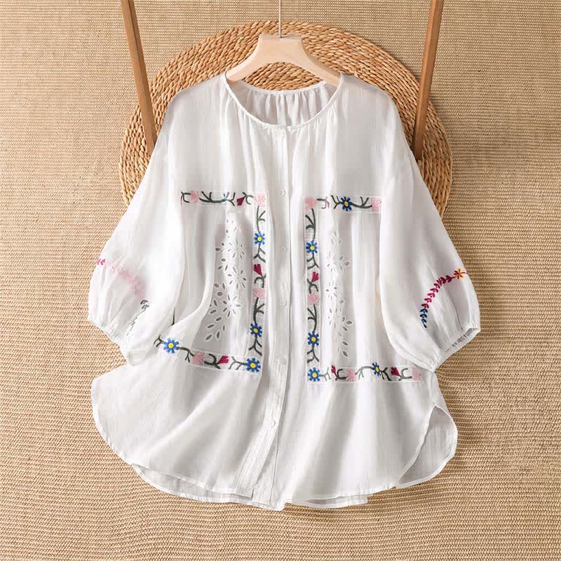 Buddha Stones 春夏向けボヘミアン風刺繍入り花柄レディース半袖シャツ - 白 - US12, UK/AU16, EU44 （2XL） - image 0