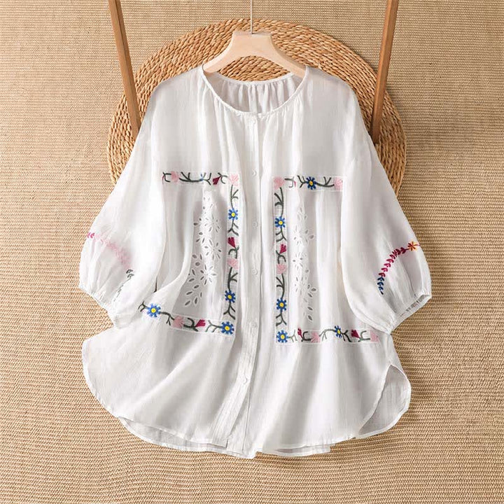 Buddha Stones 春夏向けボヘミアン風刺繍入り花柄レディース半袖シャツ - 白 - US12, UK/AU16, EU44 （2XL） - image 0
