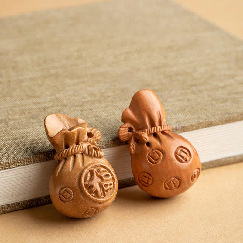 Buddha Stones 桃の木の福の文字入りマネーバッグ、辰砂の象と蓮のひょうたんの幸運キーホルダー - image 5