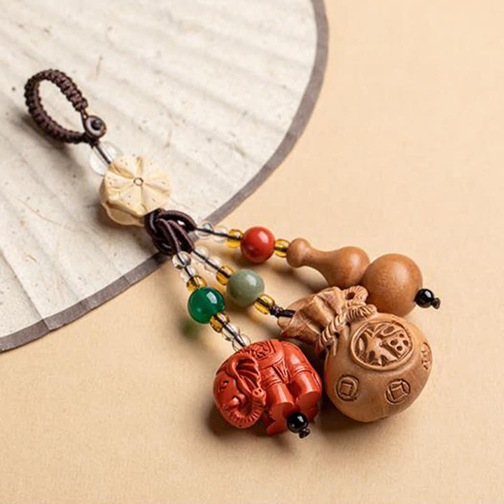 Buddha Stones 桃の木の福の文字入りマネーバッグ、辰砂の象と蓮のひょうたんの幸運キーホルダー - image 19