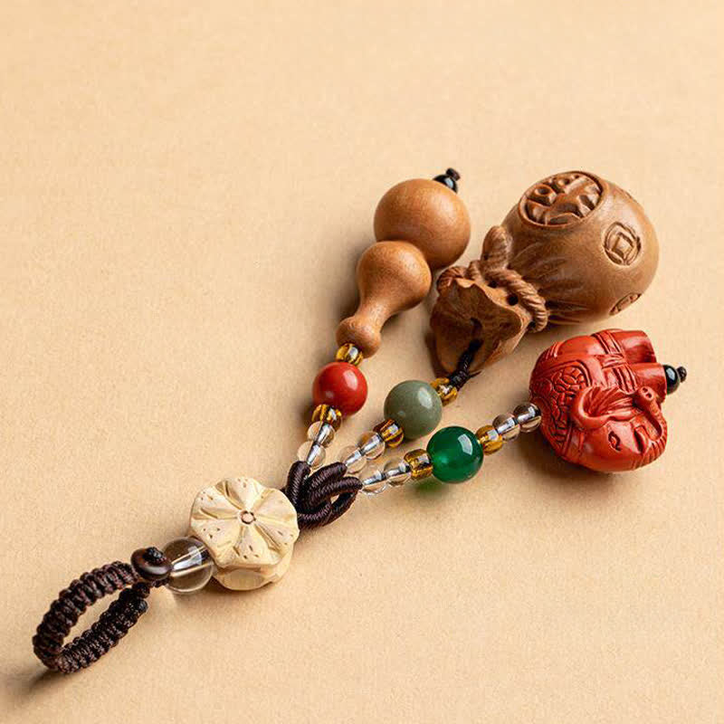 Buddha Stones 桃の木の福の文字入りマネーバッグ、辰砂の象と蓮のひょうたんの幸運キーホルダー - image 3