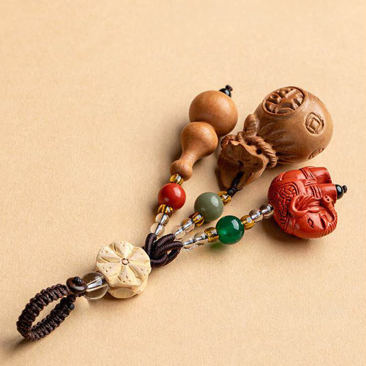 Buddha Stones 桃の木の福の文字入りマネーバッグ、辰砂の象と蓮のひょうたんの幸運キーホルダー - image 3