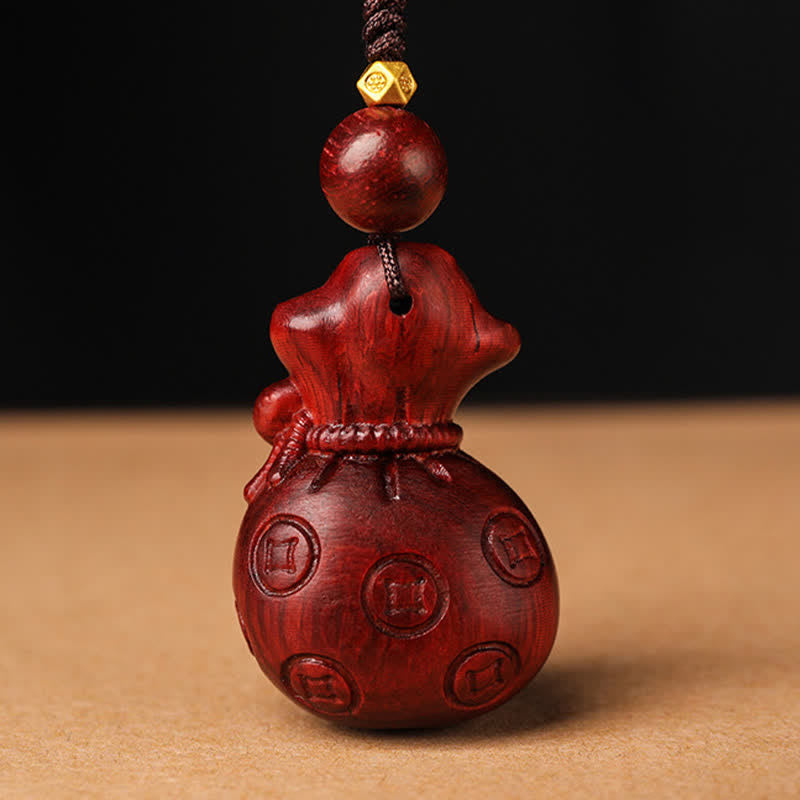 Buddha Stones 赤い白檀のマネーバッグオーム・マニ・パドメ・フム知恵と幸運繁栄のキーホルダー - image 3
