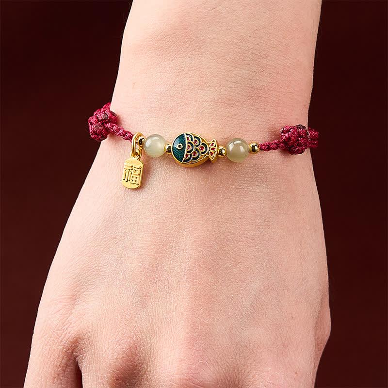 Buddha Stones 手織り鯉の風格を象徴する翡翠ビーズの護符ロープブレスレット - image 4