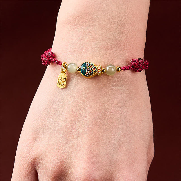 Buddha Stones 手織り鯉の風格を象徴する翡翠ビーズの護符ロープブレスレット - image 4