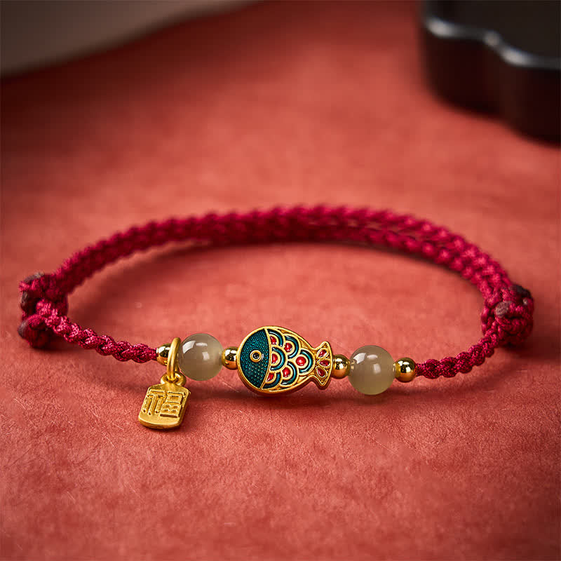 Buddha Stones 手織り鯉の風格を象徴する翡翠ビーズの護符ロープブレスレット - image 1