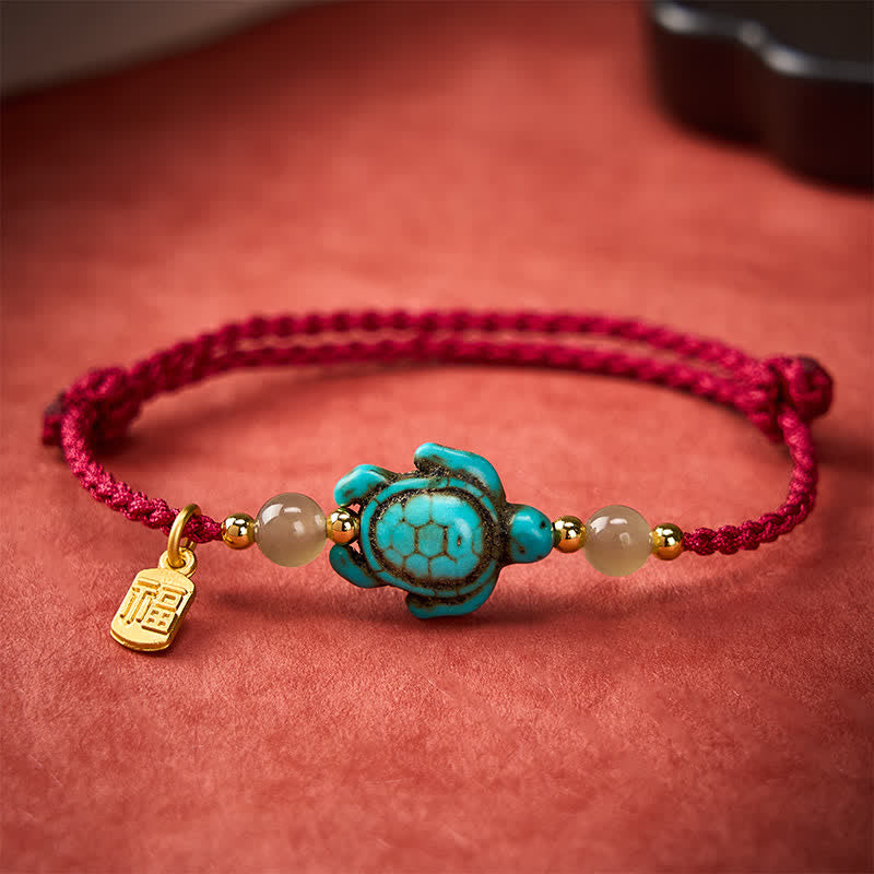 Buddha Stones 手織りターコイズ亀の福の文字翡翠ビーズ幸運ロープブレスレット - image 1
