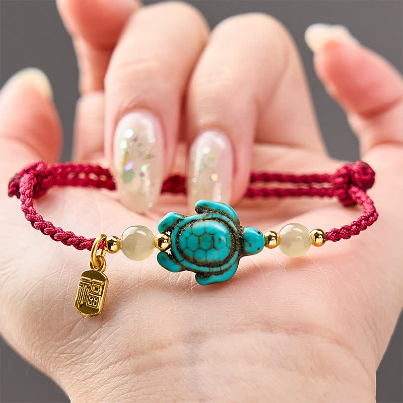Buddha Stones 手織りターコイズ亀の福の文字翡翠ビーズ幸運ロープブレスレット - image 3