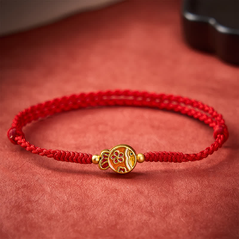 Buddha Stones 手織りの花と鯉の幸運を象徴する赤いロープブレスレット - image 9