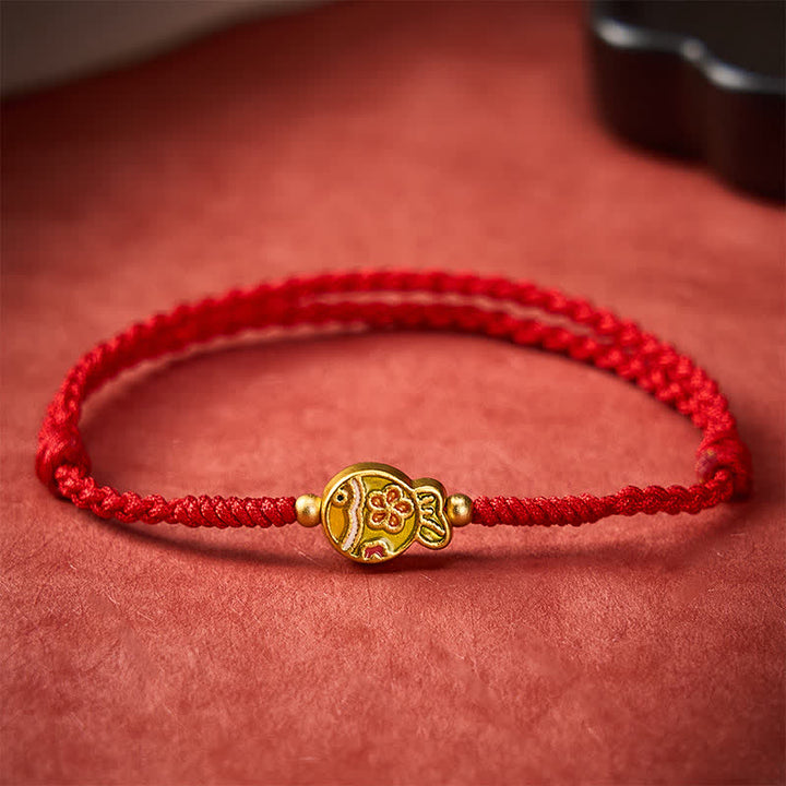 Buddha Stones 手織りの花と鯉の幸運を象徴する赤いロープブレスレット - image 10