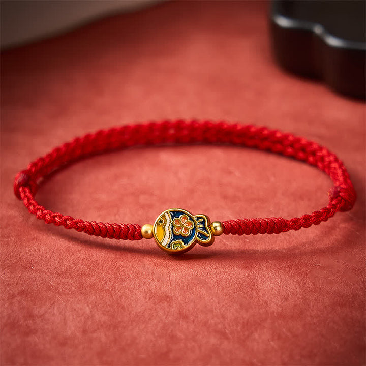 Buddha Stones 手織りのシアンフラワー鯉の護符赤いロープブレスレット - 赤色（手首周り：15～21cm） - image 0