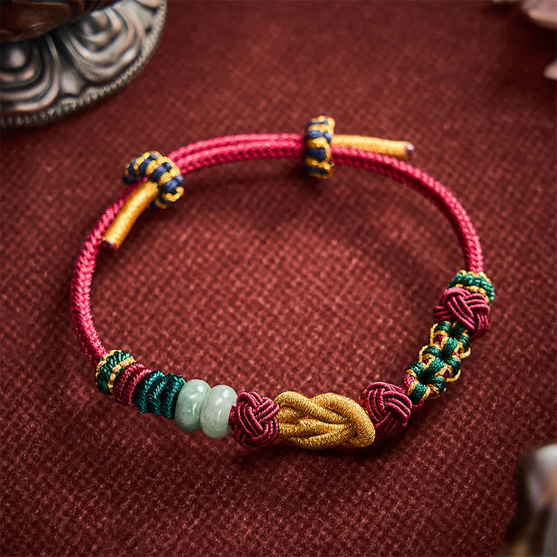 Buddha Stones 手織りの桃の花モチーフの幸運の翡翠ビーズと赤紐のブレスレット - image 9