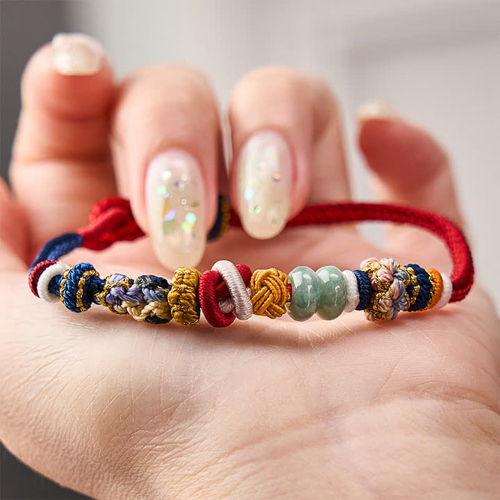 Buddha Stones 手織り桃花モチーフの幸運の翡翠ビーズ入り赤紺ストリングブレスレット - image 3