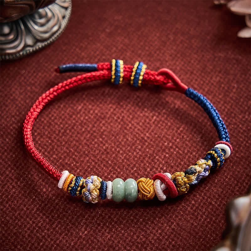Buddha Stones 手織り桃花モチーフの幸運の翡翠ビーズ入り赤紺ストリングブレスレット - image 2