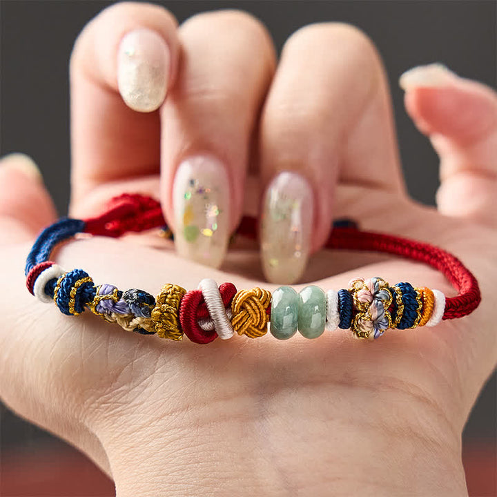 Buddha Stones 手織り桃花モチーフの幸運の翡翠ビーズ入り赤紺ストリングブレスレット - image 4