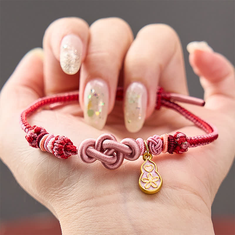 Buddha Stones 手織りの「すぐに金持ちになれる」ひょうたん製ピンクストリングブレスレット - ひょうたんのアクセサリーが付いたピンク - image 0