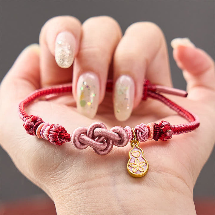 Buddha Stones 手織りの「すぐに金持ちになれる」ひょうたん製ピンクストリングブレスレット - ひょうたんのアクセサリーが付いたピンク - image 0