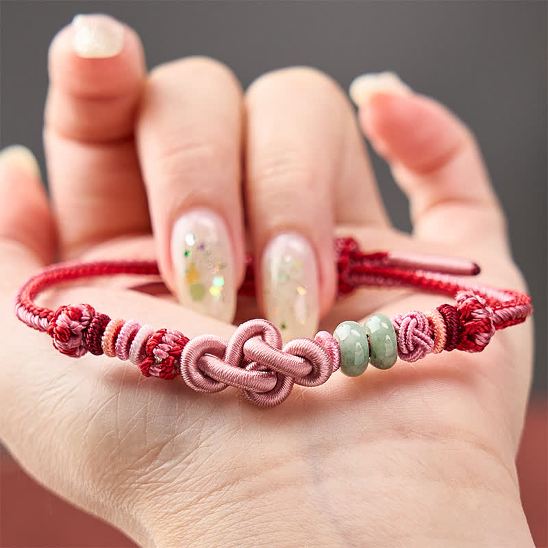 Buddha Stones 手織り翡翠ビーズの幸運のピンクの紐ブレスレット - image 3