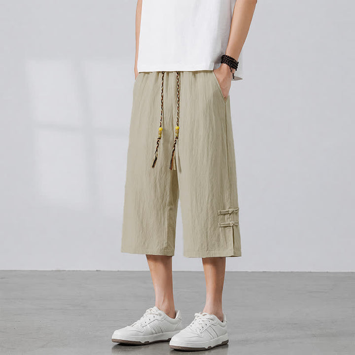 Buddha Stones 夏物カジュアルボヘミアン風ドローストリング無地ハーフパンツメンズストレートレッグパンツポケット付き - image 1