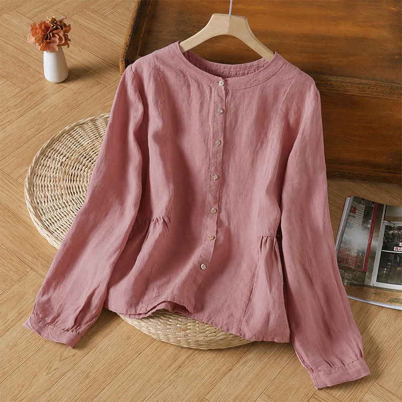 Buddha Stones 春秋カジュアルミニマリストボタンアップクルーネック無地レディース長袖シャツ - ライトピンク - US8-10, UK/AU12-14, EU40-42 （2XL） - image 1