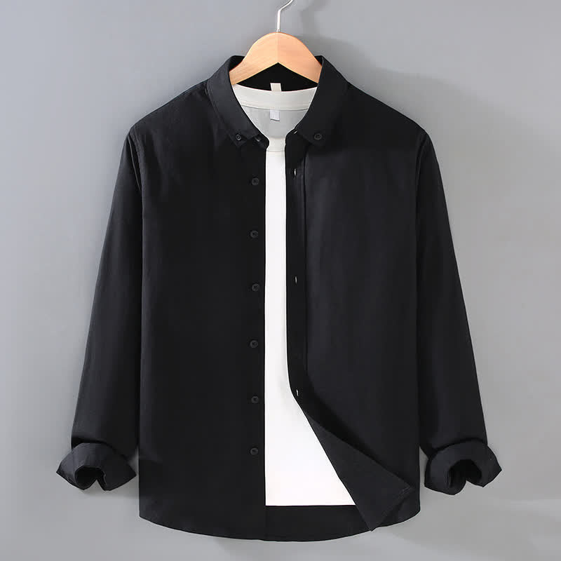 Buddha Stones 春秋カジュアルミニマリストボタンアップ無地コットンメンズ長袖シャツ - 黒 - US/UK/AU42, EU52 （3XL） - image 8