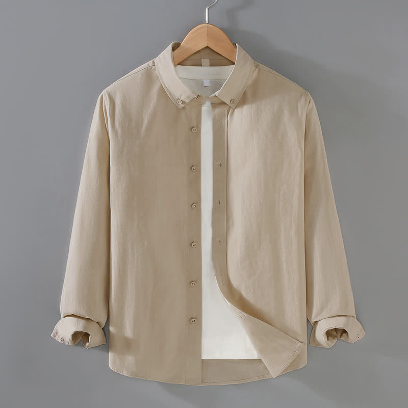 Buddha Stones 春秋カジュアルミニマリストボタンアップ無地コットンメンズ長袖シャツ - リネン - US/UK/AU42, EU52 （3XL） - image 0