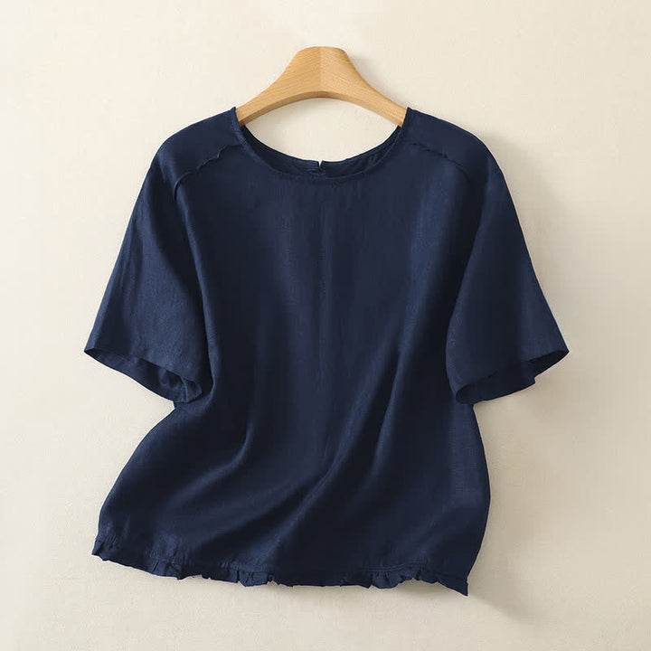 Buddha Stones 夏物カジュアルミニマルフリル裾無地レディース半袖Tシャツ - 海軍 - US12, UK/AU16, EU44 （2XL） - image 16