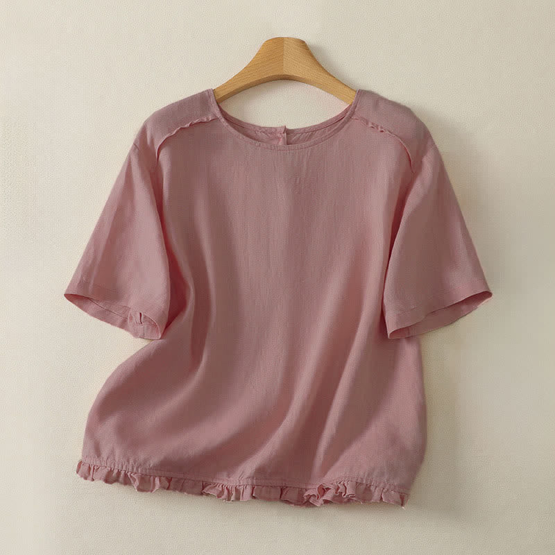 Buddha Stones 夏物カジュアルミニマルフリル裾無地レディース半袖Tシャツ - ライトピンク - US12, UK/AU16, EU44 （2XL） - image 2