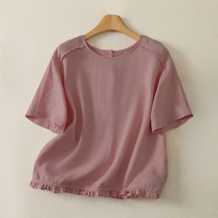 Buddha Stones 夏物カジュアルミニマルフリル裾無地レディース半袖Tシャツ - ライトピンク - US12, UK/AU16, EU44 （2XL） - image 2