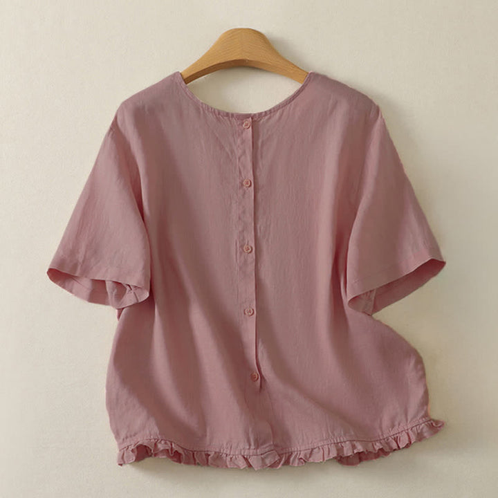 Buddha Stones 夏物カジュアルミニマルフリル裾無地レディース半袖Tシャツ - image 3