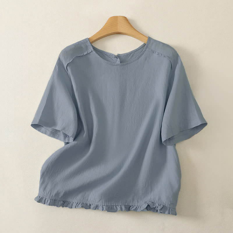 Buddha Stones 夏物カジュアルミニマルフリル裾無地レディース半袖Tシャツ - 水色 - US12, UK/AU16, EU44 （2XL） - image 12
