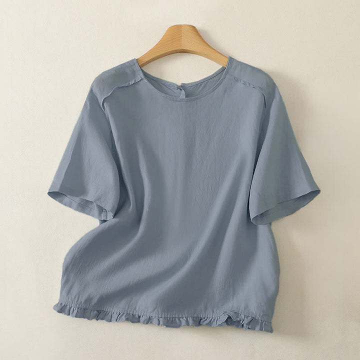 Buddha Stones 夏物カジュアルミニマルフリル裾無地レディース半袖Tシャツ - 水色 - US12, UK/AU16, EU44 （2XL） - image 12
