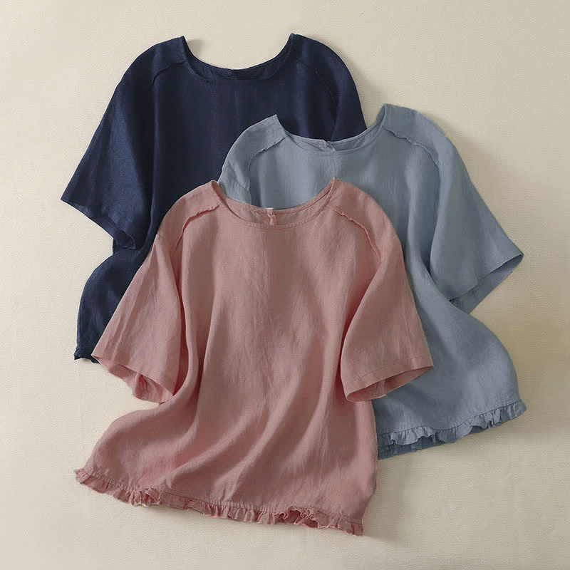 Buddha Stones 夏物カジュアルミニマルフリル裾無地レディース半袖Tシャツ - image 0