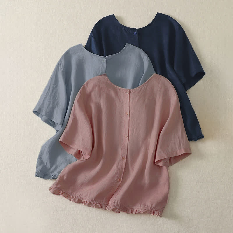 Buddha Stones 夏物カジュアルミニマルフリル裾無地レディース半袖Tシャツ - image 1