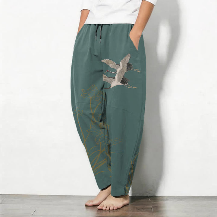 Buddha Stones 純綿素材、飛鶴と蓮の模様、ドローストリング付きメンズテーパードパンツ（ポケット付き） - image 12