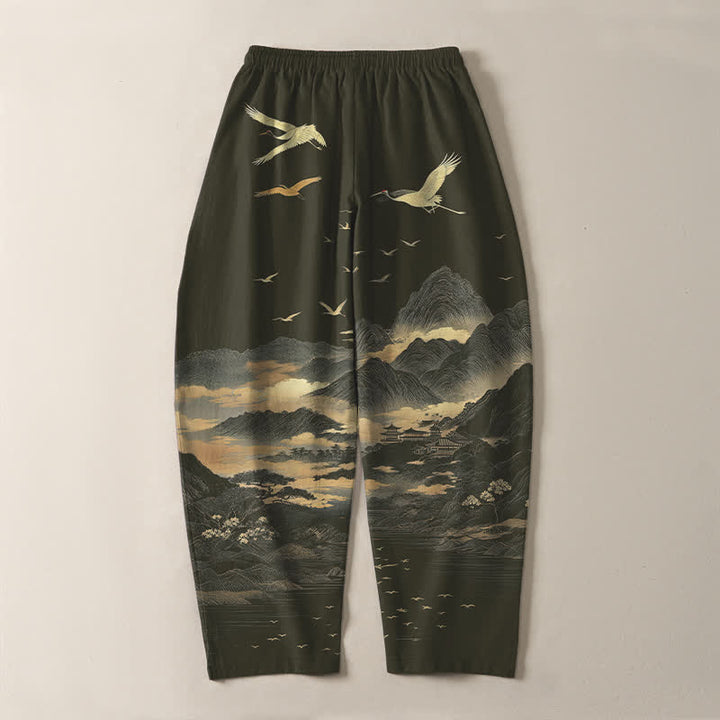 Buddha Stones 純綿素材、雲山鶴柄、ドローストリング付きメンズテーパードパンツ（ポケット付き） - image 14