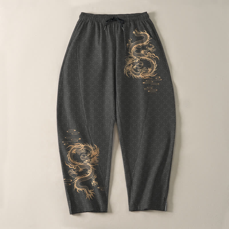 Buddha Stones 純綿素材、金龍柄、ドローストリング付き、ポケット付きメンズテーパードパンツ - image 2