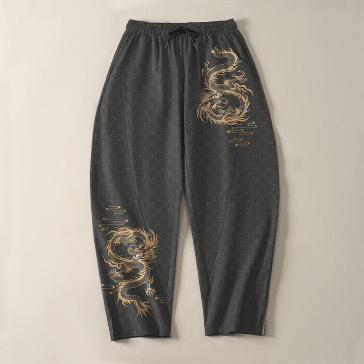 Buddha Stones 純綿素材、金龍柄、ドローストリング付き、ポケット付きメンズテーパードパンツ - image 2